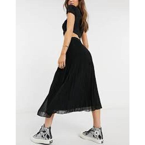 Oasis Black Lace Nude Overlay Pleated Midi Skirt Medium - Picture 2 of 7